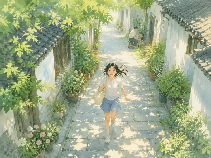 东方庭院手绘插画